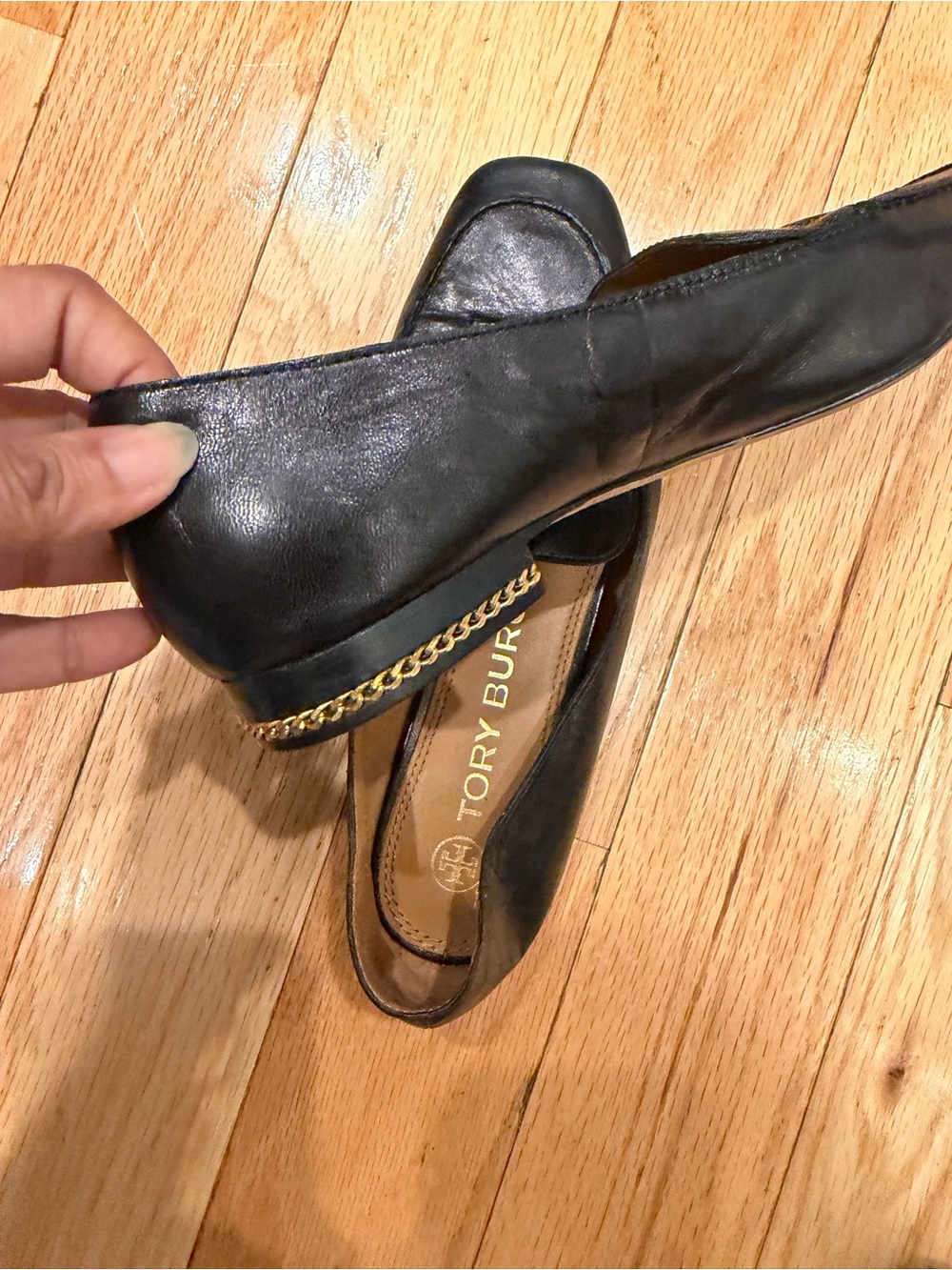 Tory Burch Black Leather Flats with Gold Chain Accent
